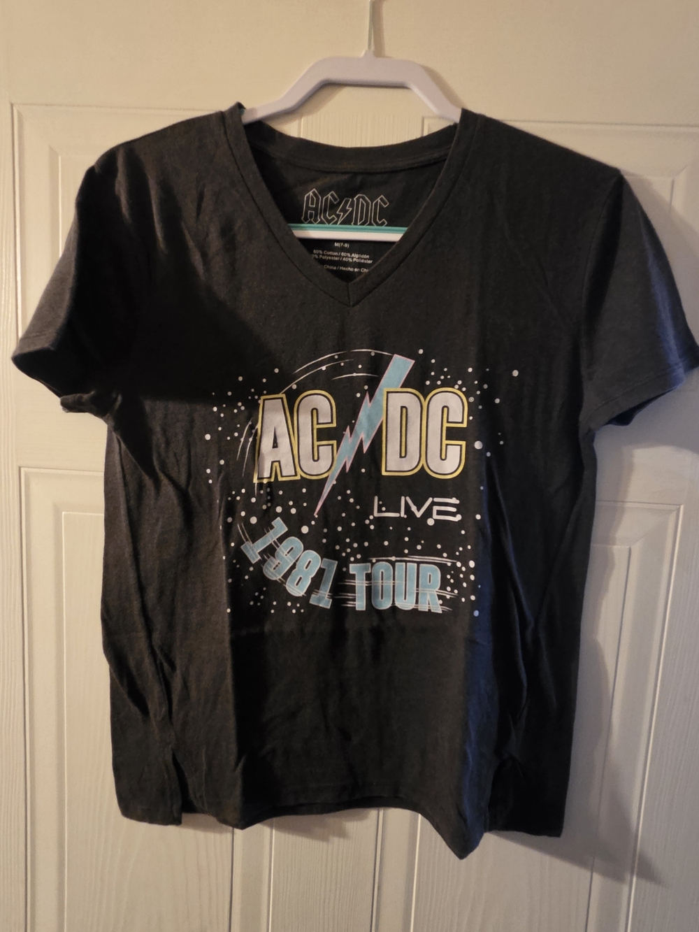 AC/DC Black V‑Neck 1981 Tour Graphic Tee with Blue & Cream Accents